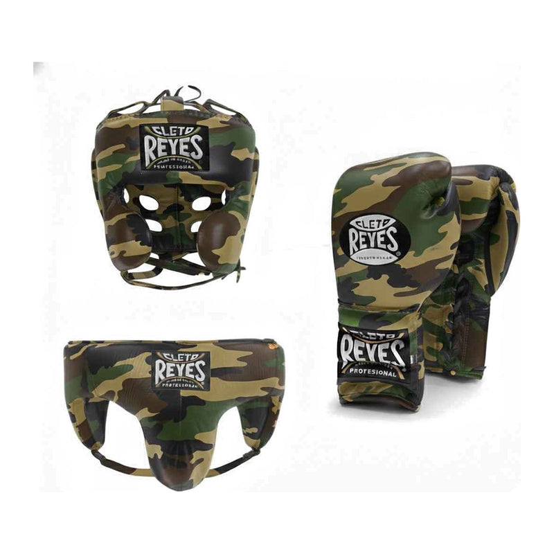 Cleto Reyes camo sparring set - lace-up gloves, headgear and groin guard