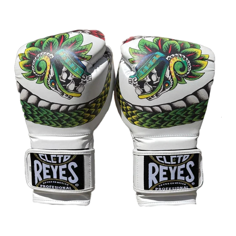 Cleto Reyes Quetzalcoatl white special edition gloves with Aztec serpent artwork