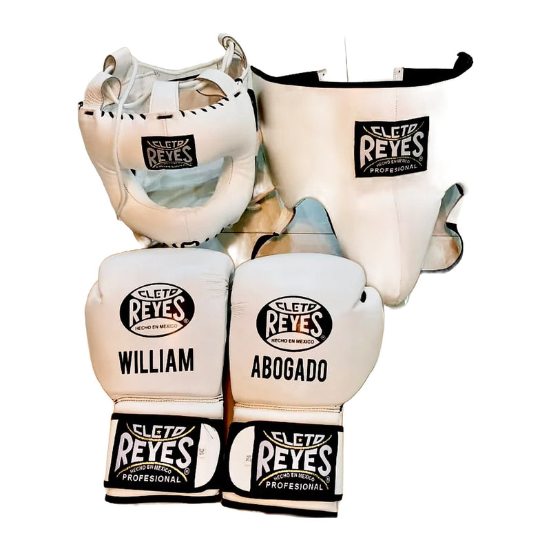 Cleto Reyes classic white sparring set - lace-up gloves, headgear and groin guard