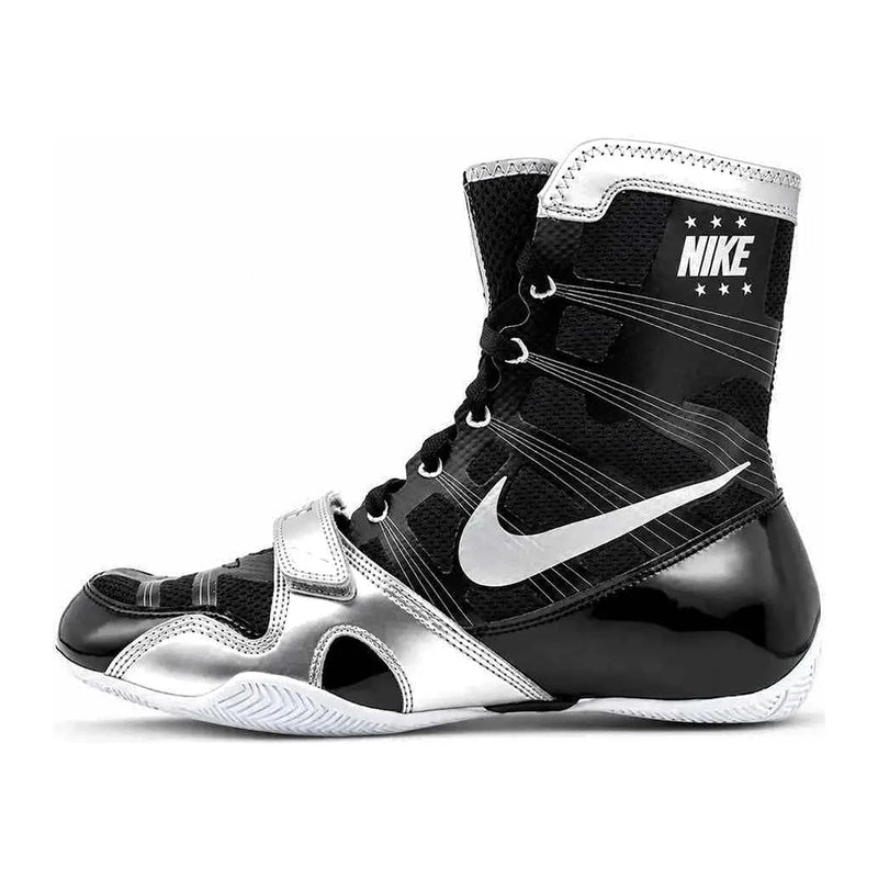 A pair of Custom Nike HyperKO boxing shoes in a black and silver colorway, featuring a forefoot lockdown strap and Nike Swoosh