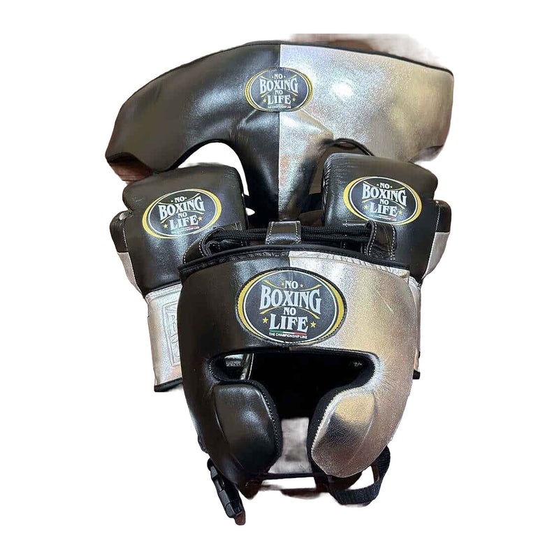 No Boxing No Life black & silver sparring set - gloves, headgear and groin guard