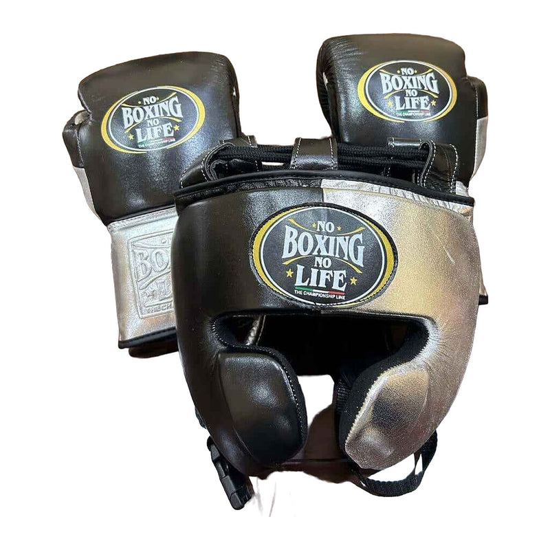 No Boxing No Life black & silver sparring set - gloves, headgear and groin guard