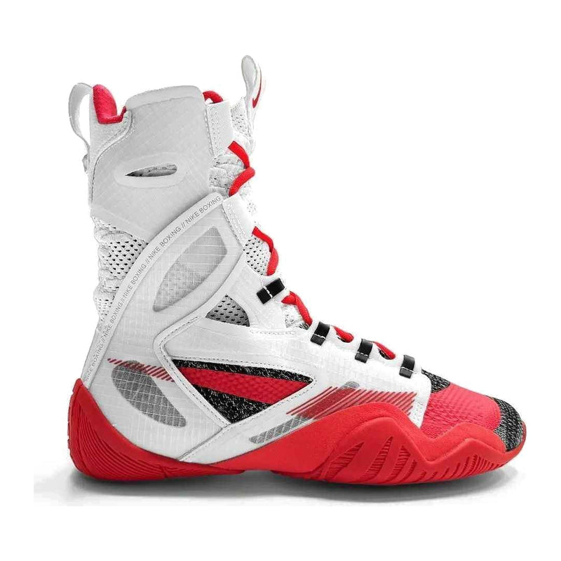 Nike HyperKo 2 boxing shoes in white and bright crimson red featuring a high-top exoskeleton support frame and split sole