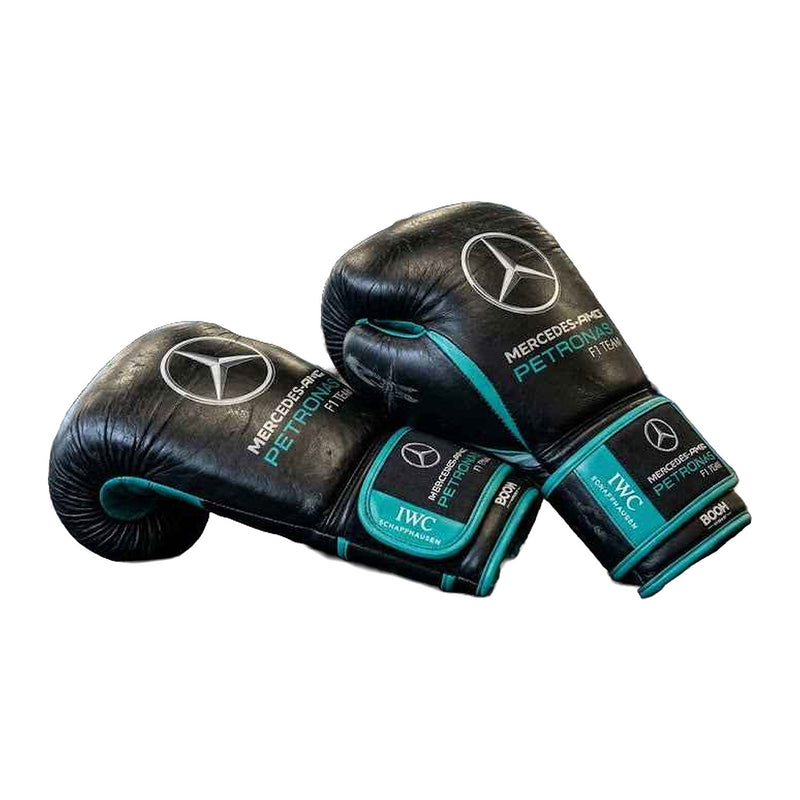 Stealth black and teal lace-up racing boxing gloves, pair shown together