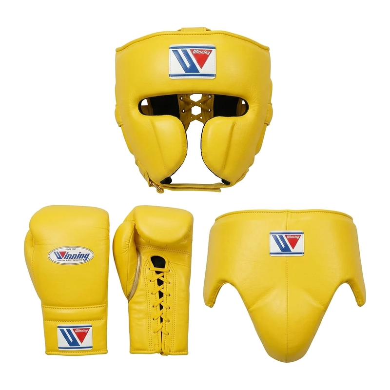 Winning classic yellow two-piece boxing set with lace-up gloves and headgear