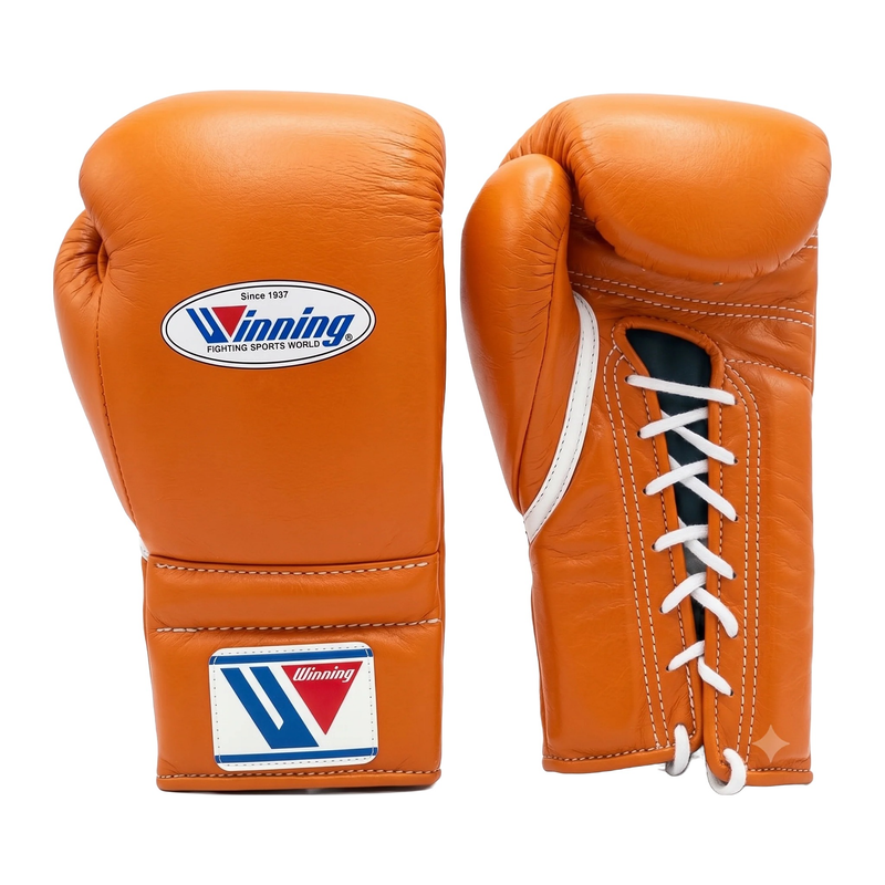 Winning gold and tan boxing sparring set with lace-up gloves, headgear and groin guard