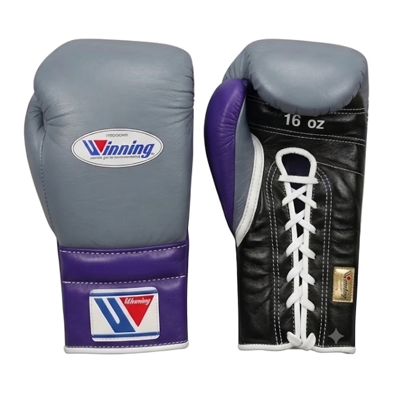 Winning metallic gray and purple boxing sparring set with gloves, split headgear and groin guard