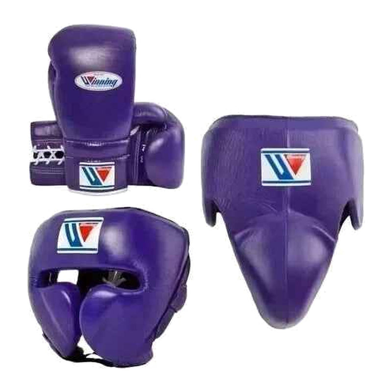 Winning purple boxing sparring set with gloves, headgear and groin guard
