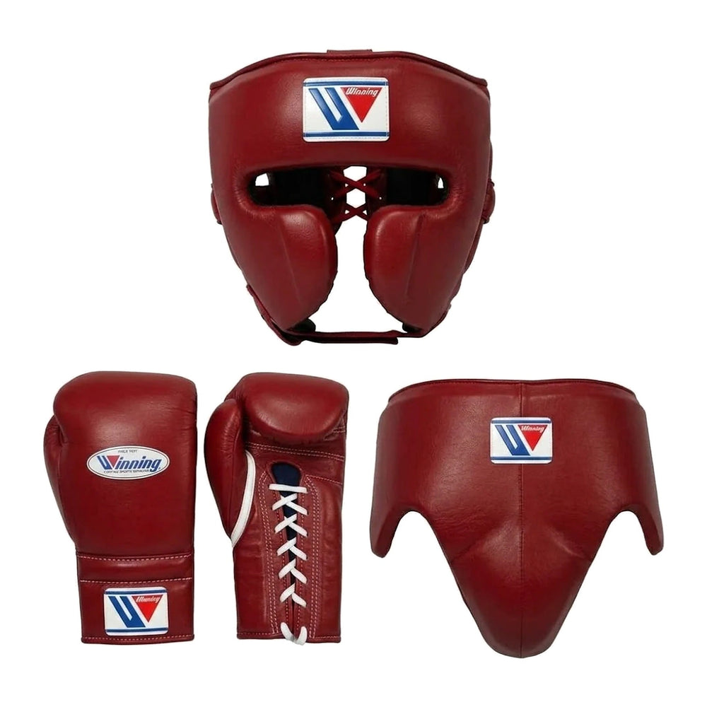 Winning Box-Sparring-Set – Dunkelrote Schnürhandschuhe, Kopfschutz & Tiefschutz