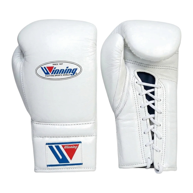 Winning white boxing sparring set with headgear, lace-up gloves and groin guard