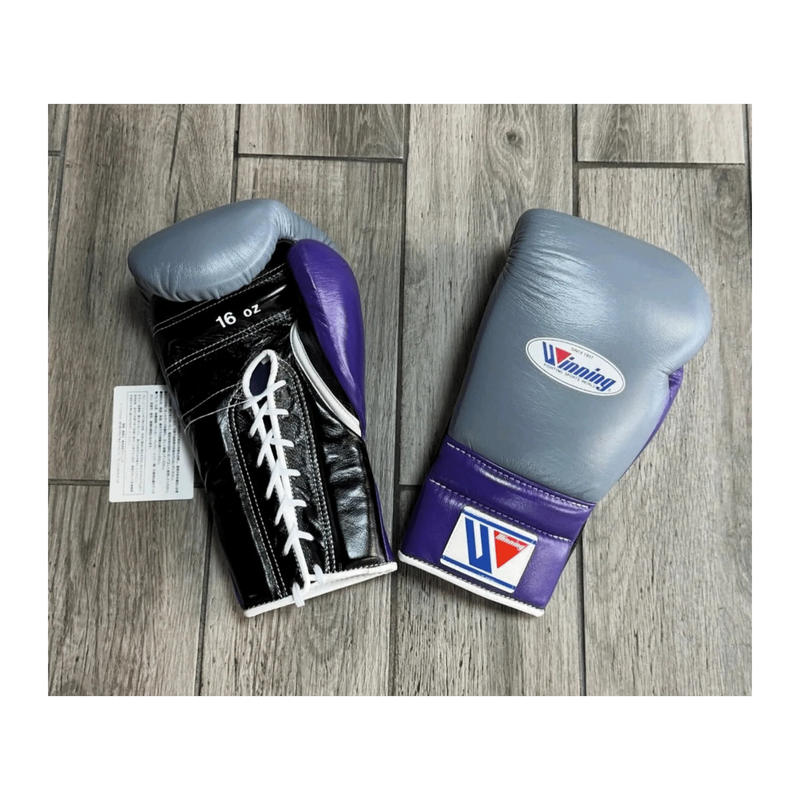 Winning lace-up boxing gloves in grey and purple leather