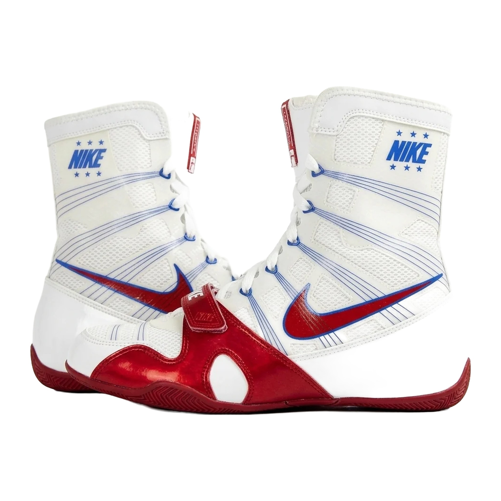 Nike HyperKO 1 boxing shoes in white, red and blue, pair shown together