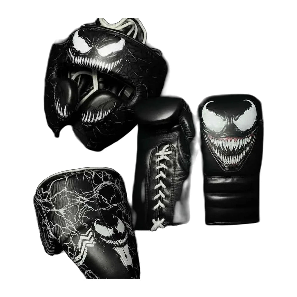 Black and red web-print sparring set - leather gloves, headgear and groinguard