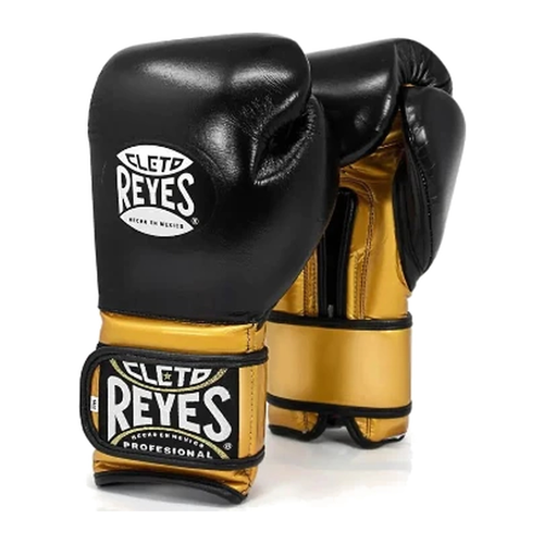 Cleto Reyes black and gold hook-and-loop boxing gloves, pair shown together