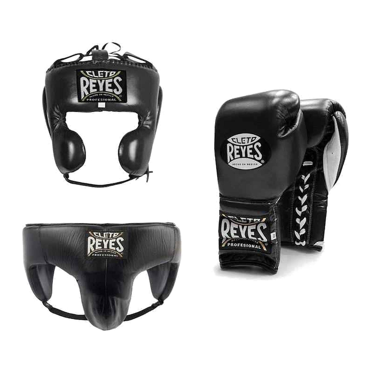 Cleto Reyes all black sparring set - lace-up gloves, headgear and groin guard