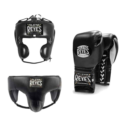 Cleto Reyes all black sparring set - lace-up gloves, headgear and groin guard