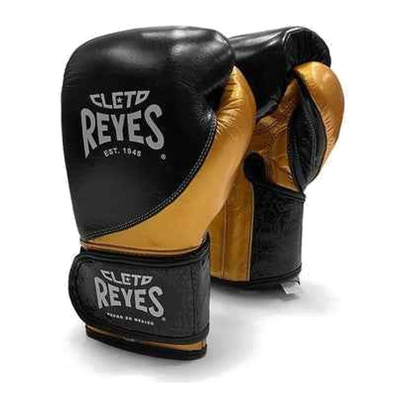 Cleto Reyes metallic gold and black boxing gloves, pair shown together