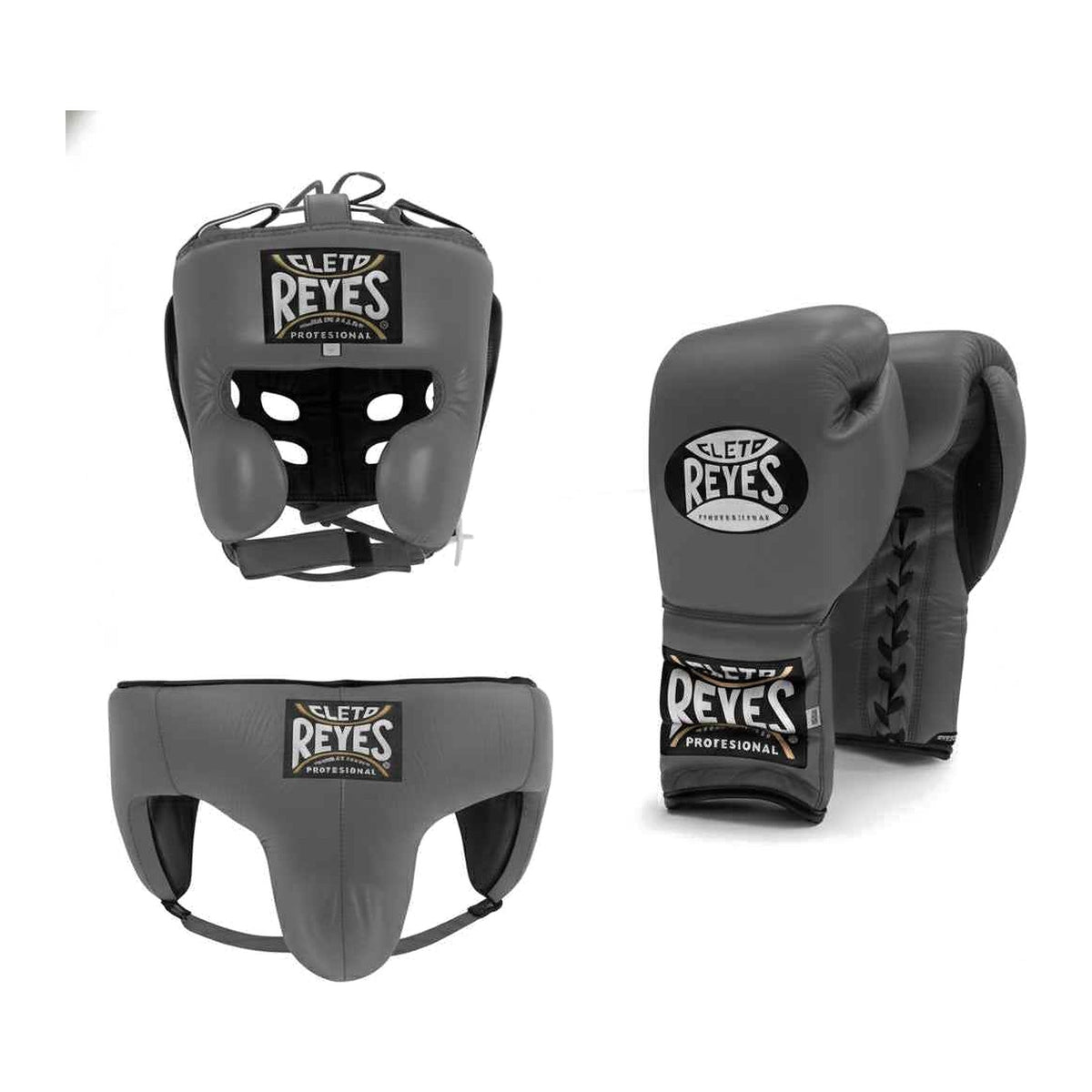 Cleto Reyes grey sparring set - lace-up gloves, headgear and groin guard