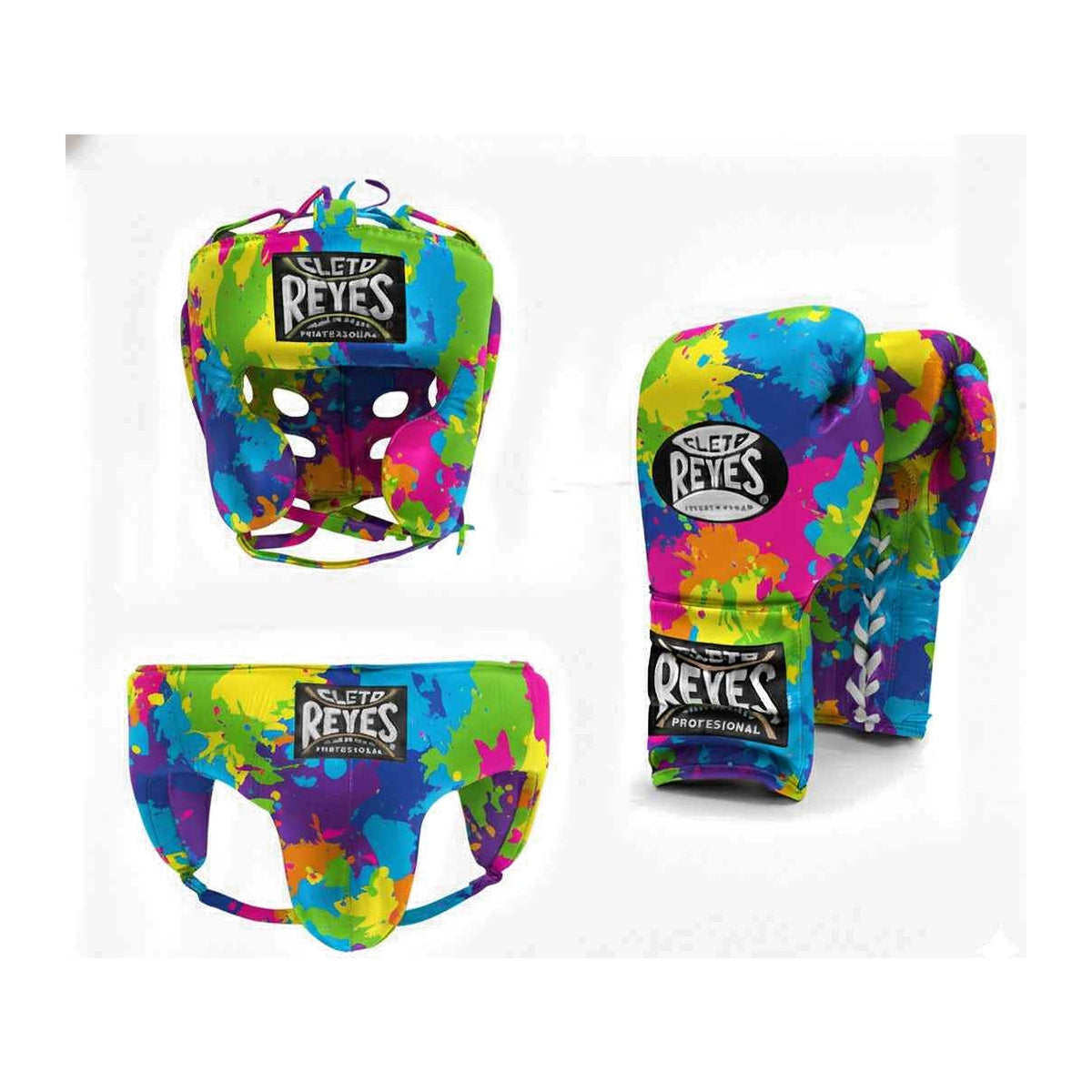 Cleto Reyes paint splatter sparring set - hand-finished gloves, headgear and groin guard