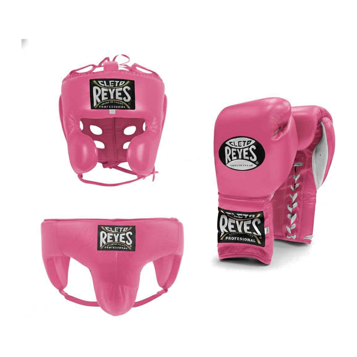 Cleto Reyes hot pink sparring set - lace-up gloves, headgear and groin guard