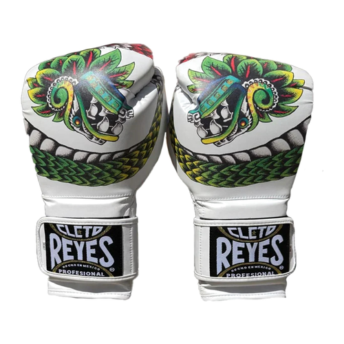 Cleto Reyes Quetzalcoatl white special edition gloves with Aztec serpent artwork