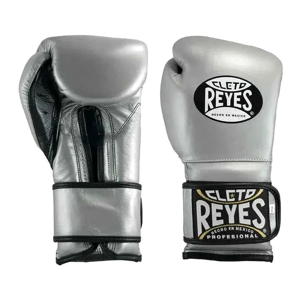 Cleto Reyes metallic silver boxing gloves, pair shown together