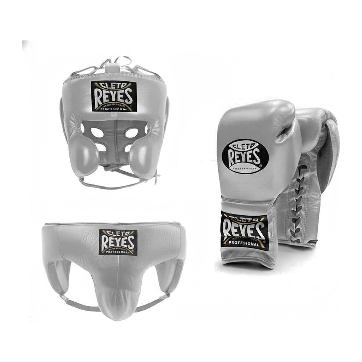 Cleto Reyes metallic silver sparring set - lace-up gloves, headgear and groin guard