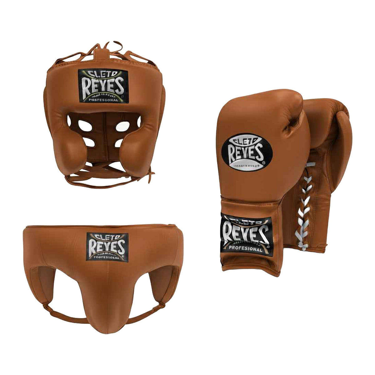 Cleto Reyes natural tan sparring set - lace-up gloves, headgear and groin guard