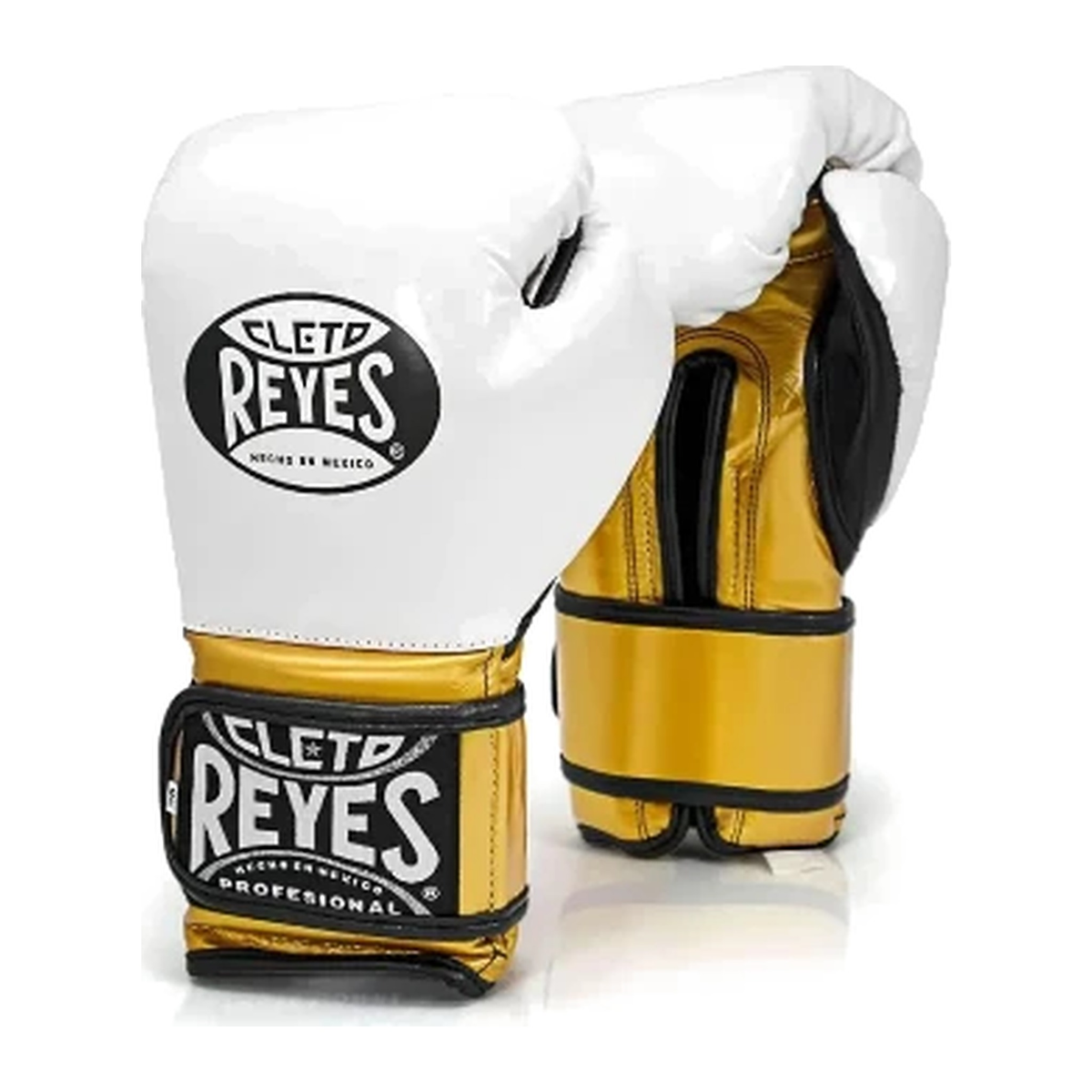Cleto Reyes white and gold lace-up boxing gloves, pair shown together
