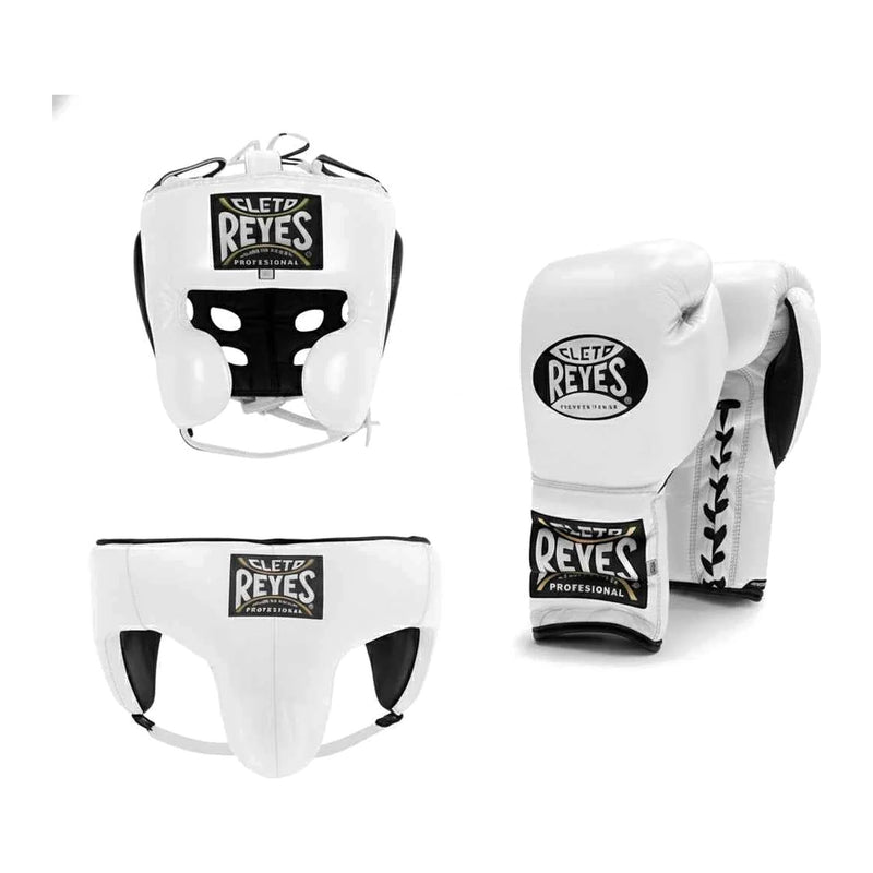 Cleto Reyes classic white sparring set - lace-up gloves, headgear and groin guard
