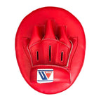 Red curved punch mitt striking face close-up