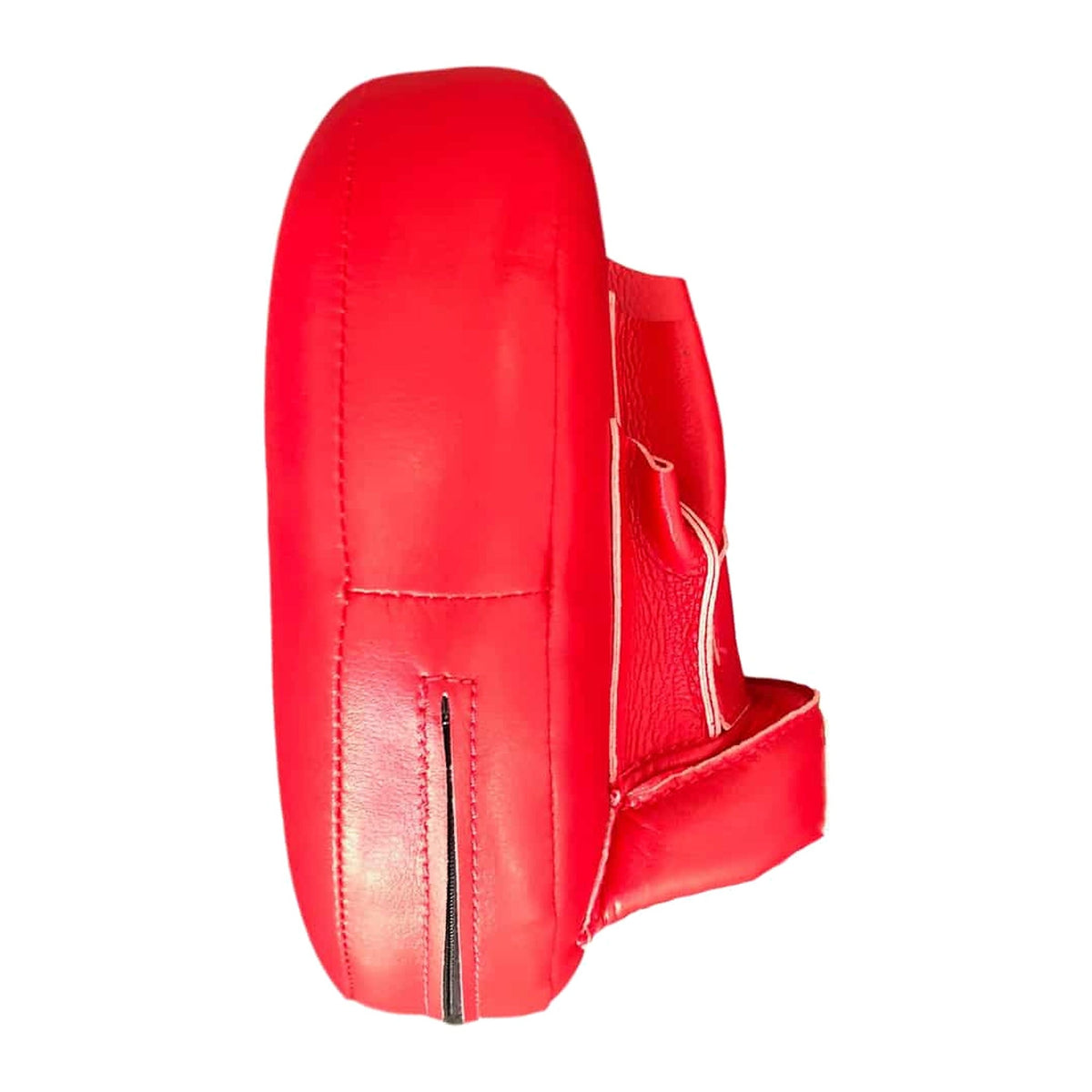 Red punch mitt rear view showing hand strap and finger bar