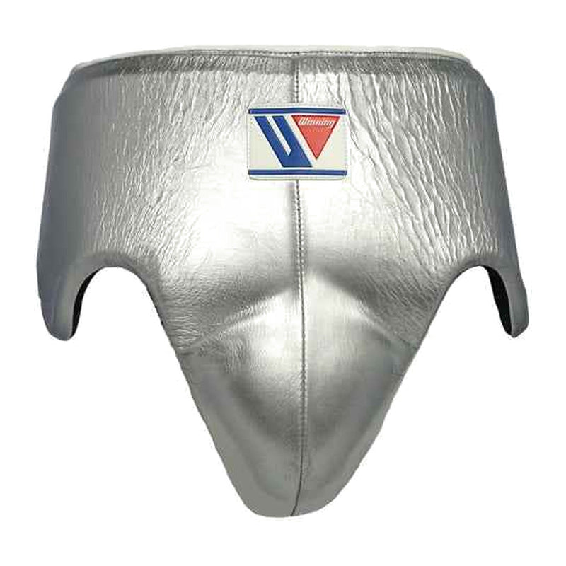 CPS-500 boxing groin guard in metallic silver, front view