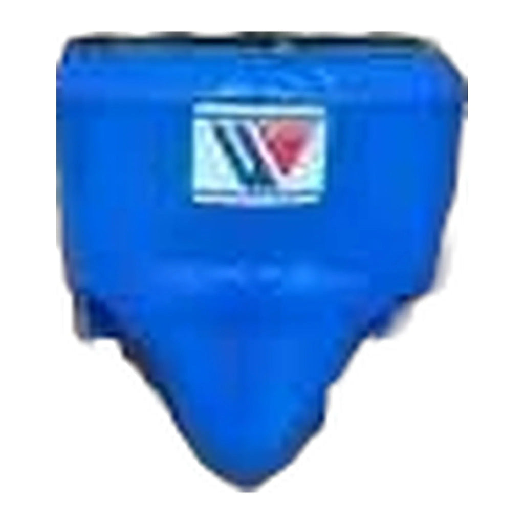 Royal blue groin guard side profile showing hip coverage