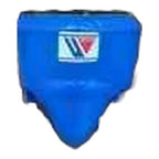 Royal blue groin guard side profile showing hip coverage