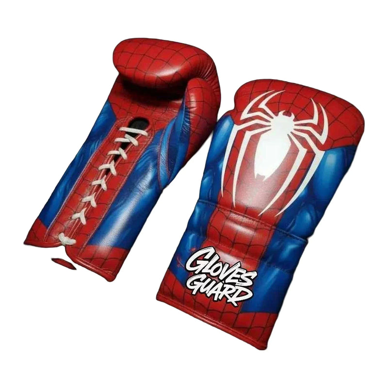 Crimson web-print sparring set - red and blue leather gloves, headgear and groinguard