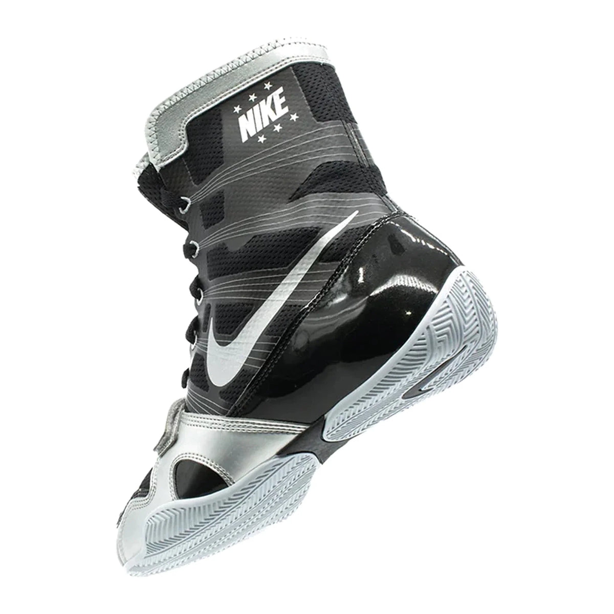 A pair of Custom Nike HyperKO boxing shoes in a black and silver colorway, featuring a forefoot lockdown strap and Nike Swoosh – alternate view 3