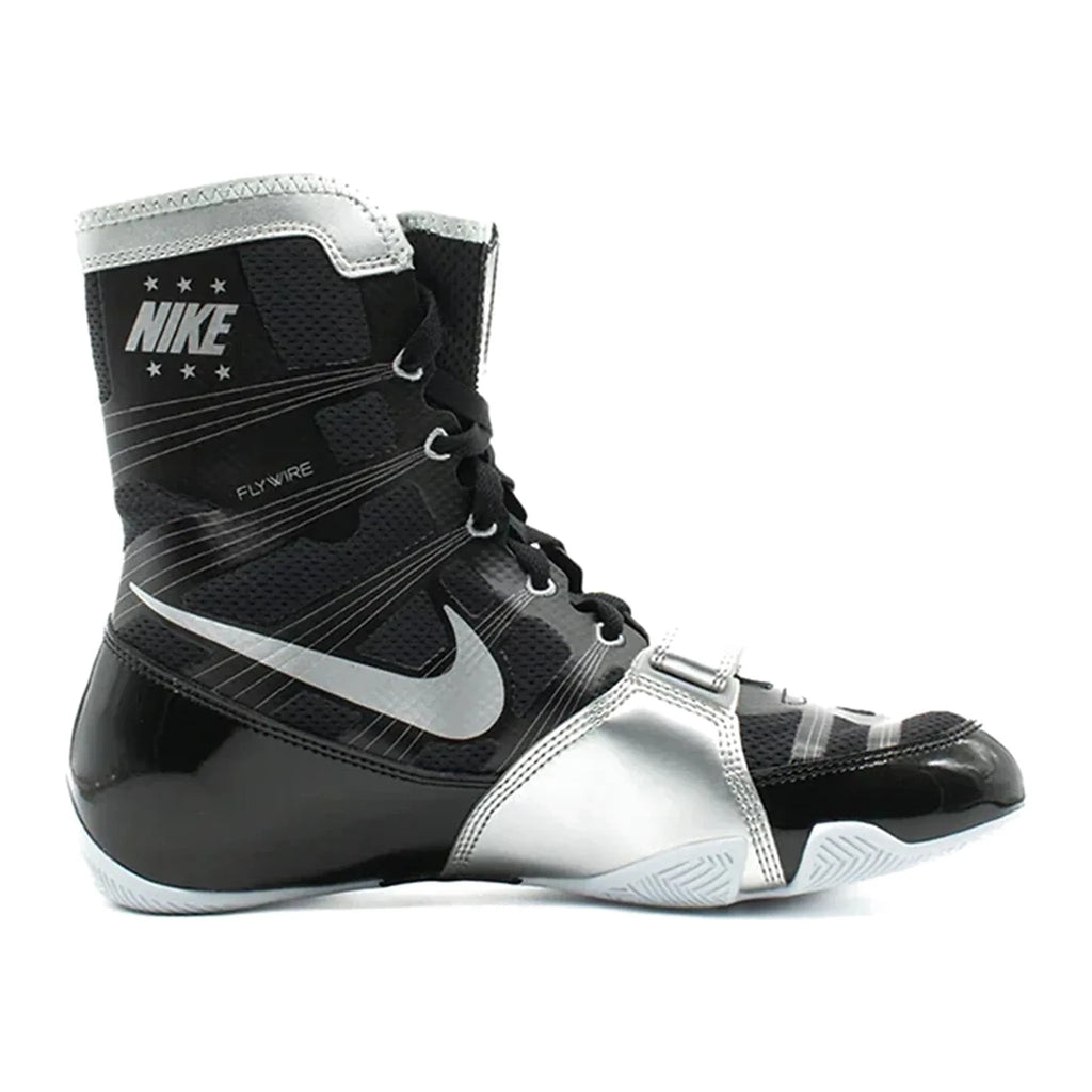 Custom Nike HyperKO boxing shoes in black and silver, top-down lacing view