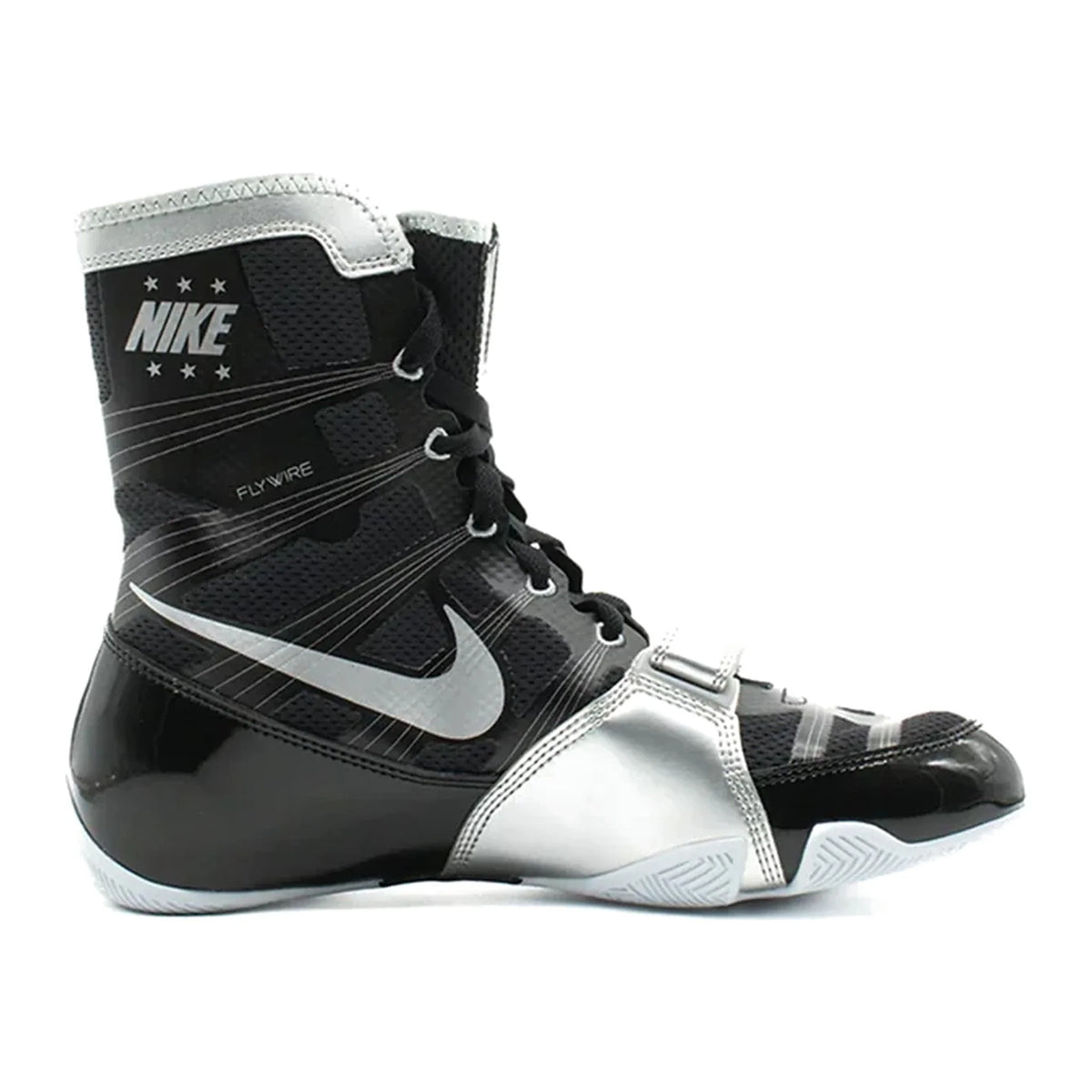 Custom Nike HyperKO boxing shoes in black and silver, top-down lacing view