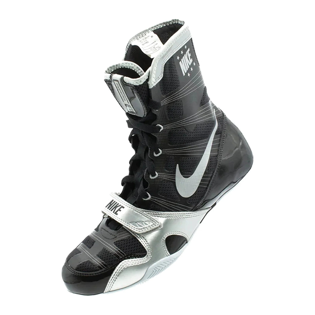 Custom Nike HyperKO boxing shoes in black and silver, forefoot strap close-up