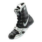 Custom Nike HyperKO boxing shoes in black and silver, forefoot strap close-up