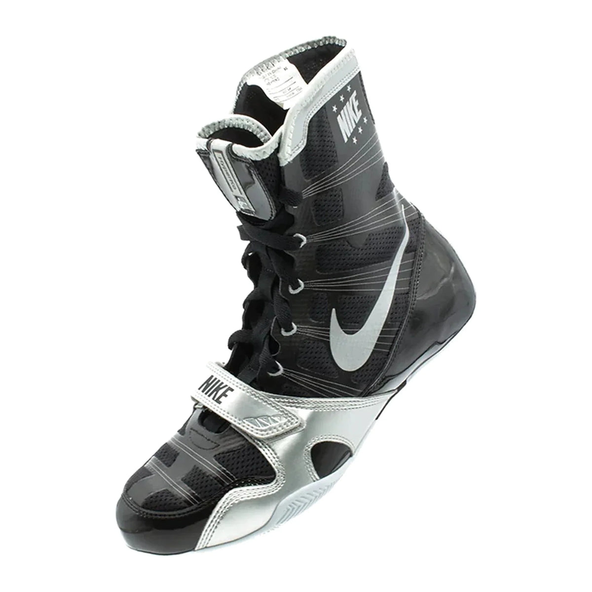 Custom Nike HyperKO boxing shoes in black and silver, forefoot strap close-up