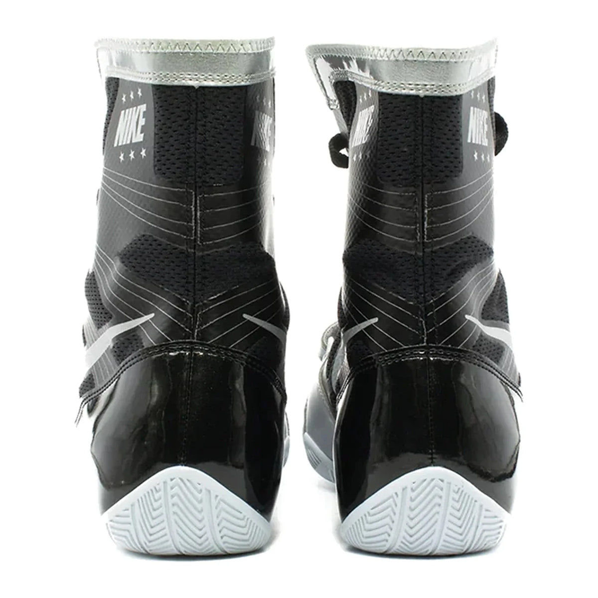 Custom Nike HyperKO boxing shoes in black and silver, pair shown together