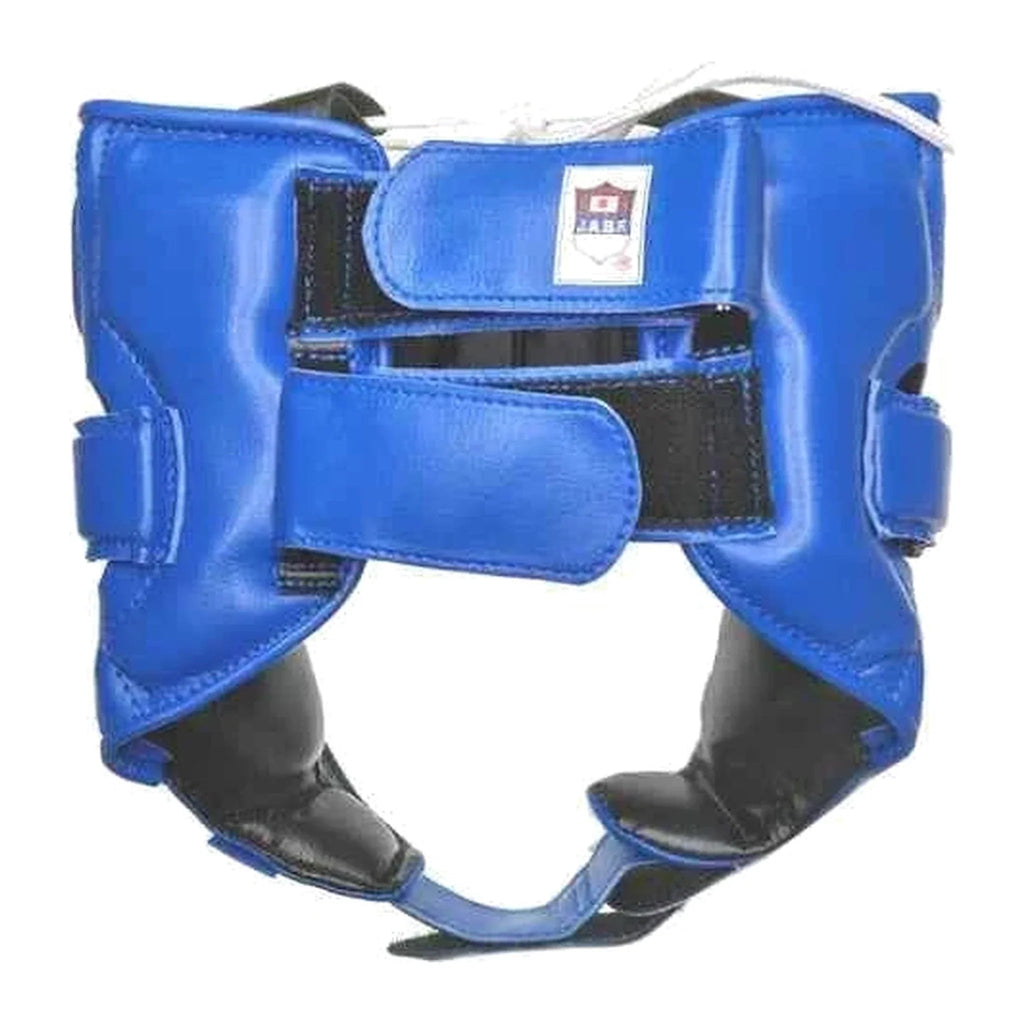 Blue open-face boxing headgear side profile showing cheek protection