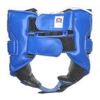 Blue open-face boxing headgear side profile showing cheek protection