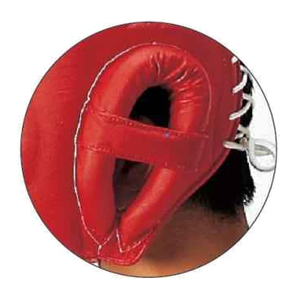 Red open-face boxing headgear rear view showing strap adjustment