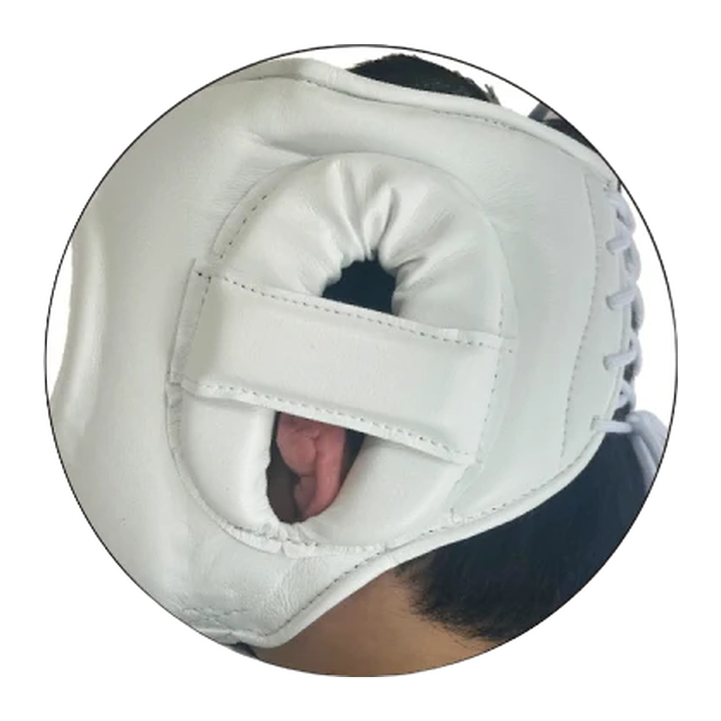 White face-bar boxing headgear rear view showing strap adjustment