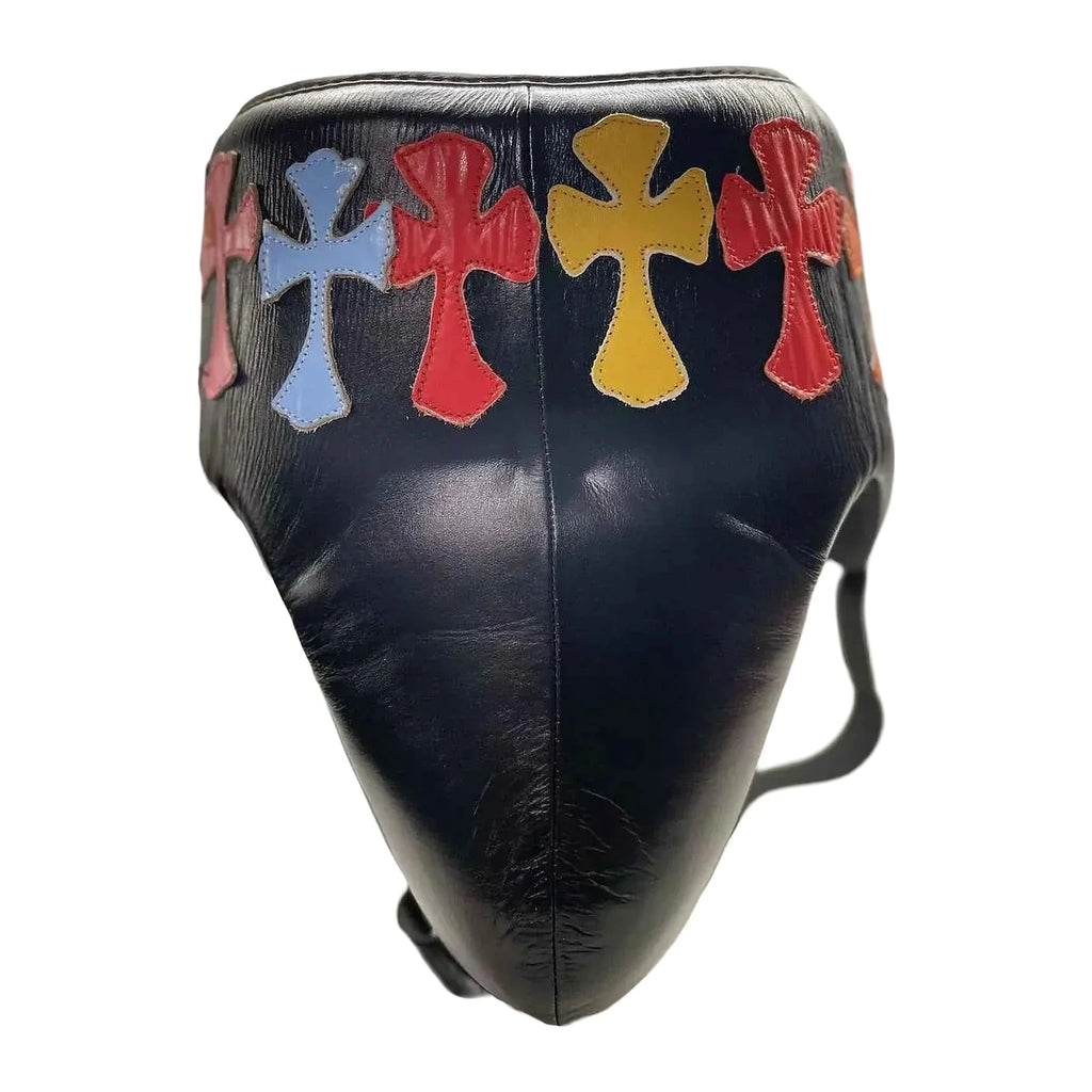 Boxing groin guard with multi-colour cross patchwork, front view