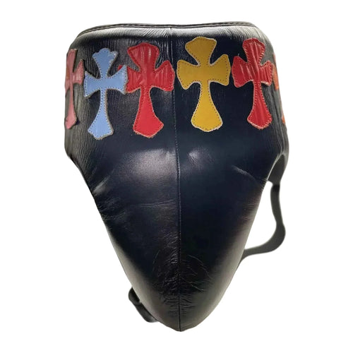 Boxing groin guard with multi-colour cross patchwork, front view