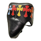 Cross patchwork groin guard side profile showing panel detail
